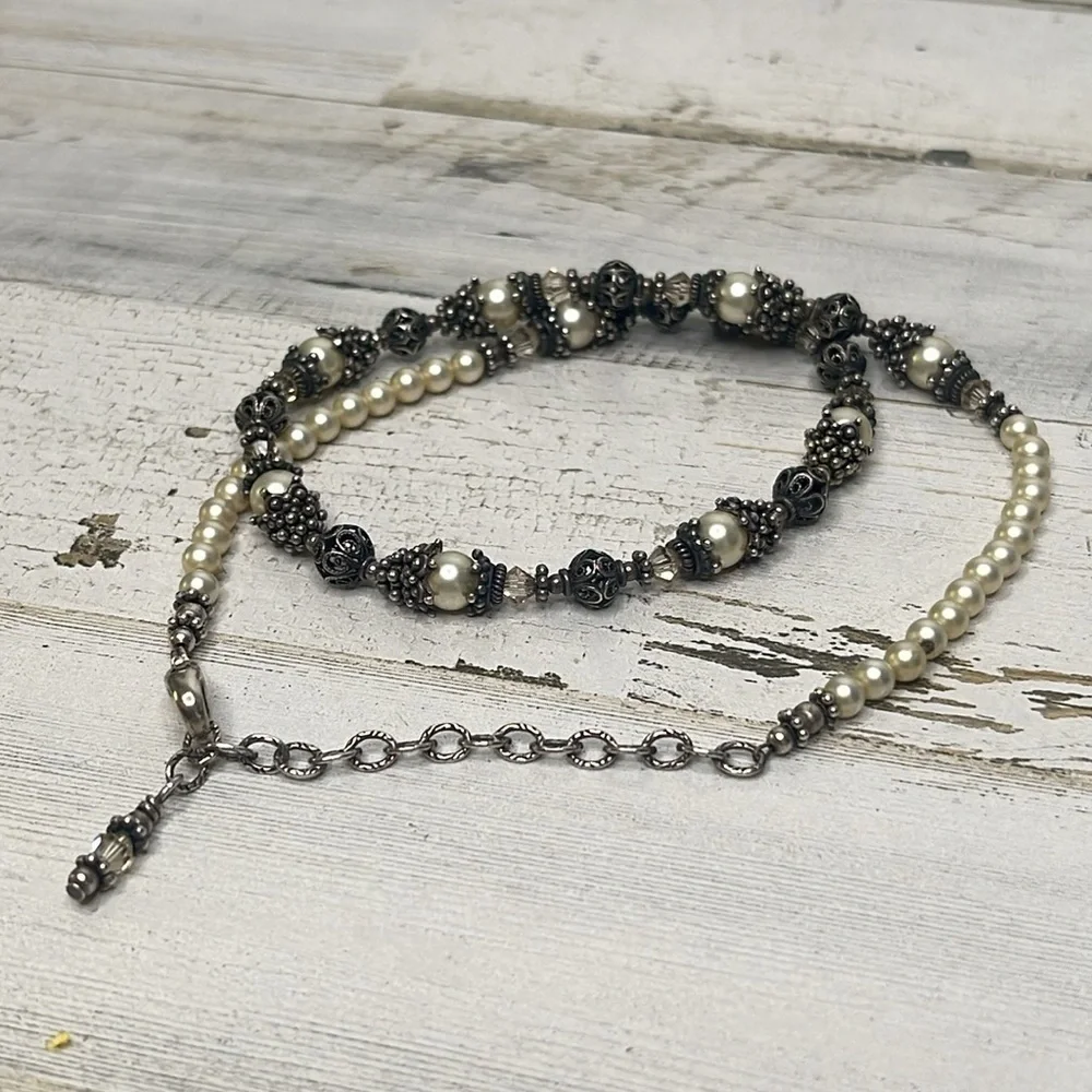 Vintage Sterling Silver Pearl Beaded Necklace